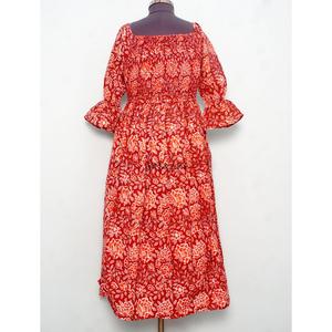 Summer Maxi Dress <b>bell</b> Sleeves Multi Color Cotton Belt Modest Vibe square Neck Digital Printed Sweet Natural waist dress - Product Image 6