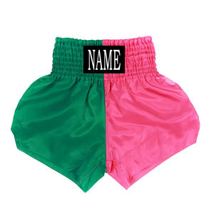 Shorts de Muay Thai personnalisés en satin blanc, jaune, bleu, avec maille élastique, logo OEM, patch logo et nom personnalisés - Product Image 5