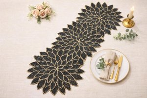 Handmade Beaded Knitted Stripe <b>Table</b> <b>Runner</b> Ivory Gold Embroidered Design Elegant Polyester/Cotton <b>Table</b> Decoration Hotel Use - Product Image 3