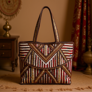 Sac fourre-tout indien traditionnel de luxe fait main, multicolore, orné de perles de verre, durable, artisanal, avec poignée baguette, mode décontractée haut de gamme - Product Image 3