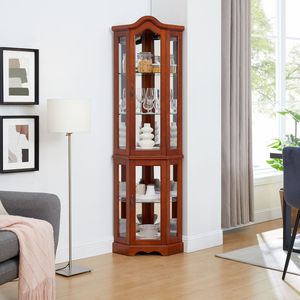 Vetrina Angolare in Noce con Ripiani in Vetro Temperato Regolabili, Specchio e Luci Posteriori Non Incluse, Vetrine e Armadietti per Porcellana - Product Image 3