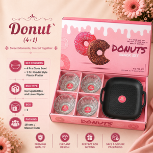Ensemble cadeau de luxe pour en-cas en forme de beignets, 4 bols en verre, 1 plateau en plastique style Kadai, boîte ondulée rose, ensemble de service pour desserts, logo personnalisé - Product Image 1