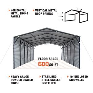 Carport in Alluminio 20FT X 30FT con Pareti Laterali Chiuse 10FT, 600 Piedi Quadrati, Pannelli Corrugati 27 GA TMG MSC2030F per Uso in Parchi - Product Image 4