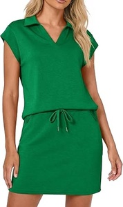 Women Sleeveless Shirt Collar Fitted Solid <b>Green</b> <b>Dress</b> Polyester All Seasons Style - Product Image 3