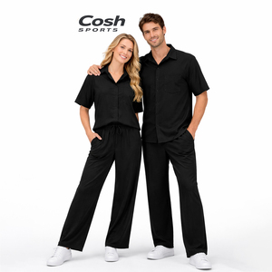Ensemble décontracté d'été 2 pièces : chemise texturée à manches courtes boutonnée et pantalon à taille élastique avec cordon de serrage |   Fournisseur d'ensembles décontractés - Product Image 1