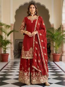 Elegant Look Heavy Embroidery Traditional Pattern Stitched Chinon Silk Pakistani Designer Salwar Kameez Coordinating Dupatta - Product Image 4
