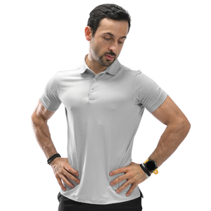 Polo pour homme gris acier en tissu gaufré, léger, en polyester et élasthanne, respirant, anti-humidité, coupe ajustée, pour le golf et les loisirs - Product Image 1