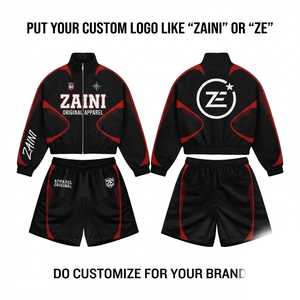 ZAINI Premium 120 GSM Polyester Hooded Short <b>Set</b> Men's Winter Quick Dry Black Red Panel Custom Silk Screen Printed Embroidery - Product Image 1