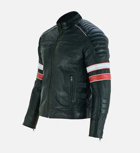 Premium Mens Genuine Leather Motorcycle <b>Jacket</b> Retro Cafe Racer Biker Real Leather Coat Slim Fit Striped <b>Racing</b> <b>Jacket</b> Men - Product Image 4