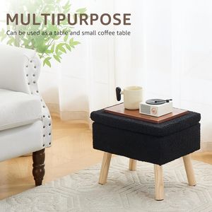 Pouf Contenitore Rettangolare Nero Contemporaneo con Rivestimento in Tessuto Teddy, Gambe in Legno Massello, Poggiapiedi per Ingresso di Casa - Product Image 4