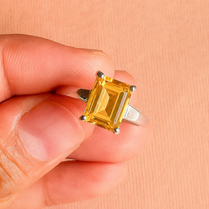Wholesale Women's Romantic Rhodium Plated <b>Citrine</b> <b>Ring</b> 925 Sterling Silver Emerald Cut Prong Setting Solitaire Engagement Party - Product Image 1