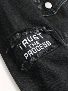 Men's Slim Fit Distressed <b>Denim</b> <b>Jacket</b> With Patches Punk Style Ripped Washed Black Button Front Coat Autumn Wear - Product Image 3