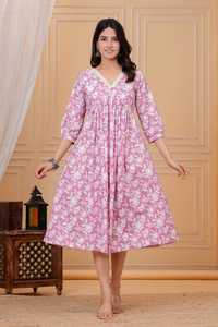 Pink Floral Print Cotton Three Quarter Sleeve V-Neck Fit Flare Midi <b>Dress</b> with <b>Elastic</b> Waist Pleated Detail Casual Daily Wear - Product Image 2