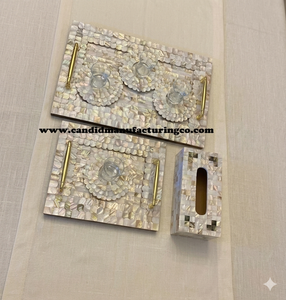 Handmade Eco-Friendly Modern Decorative Pearl Mother of Pearl <b>Round</b> Rectangle Serving <b>Tray</b> with Unique Bone Inlay Design Handles - Product Image 4