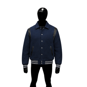 Blouson universitaire bleu marine élégant pour homme, épaules en cuir et poignets côtelés, style preppy, coupe classique, col rabattu, simple boutonnage - Product Image 1