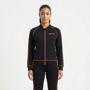Survêtement sportif noir pour femme avec passepoil orange, manches longues, col rond, séchage rapide, coupe classique, idéal pour l'automne - Product Image 1