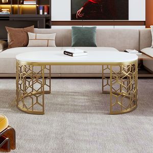 Mesa de Centro Ovalada Moderna con Patrón Recortado, Marco de Acero Inoxidable de 47.2 Pulgadas, Diseño Metálico Elegante - Product Image 1