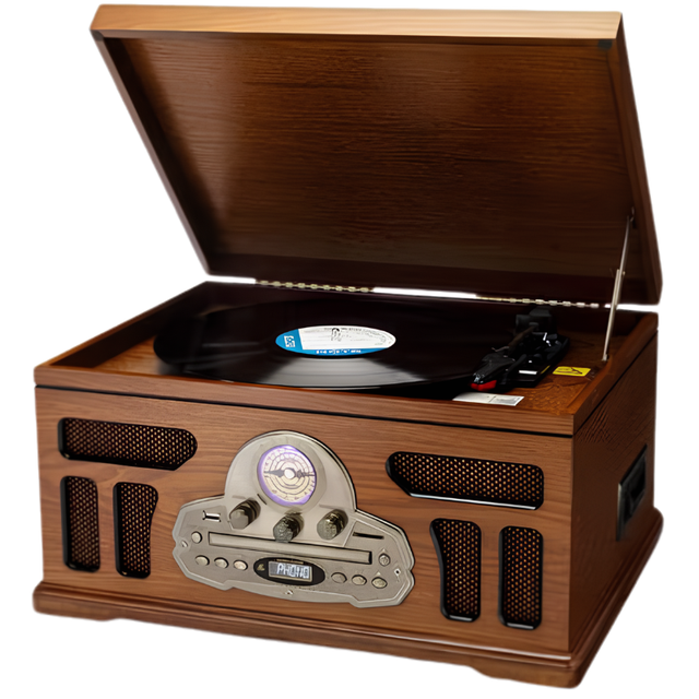 All-in-One Vintage Record Player Turntable with Bluetooth, CD Player, Cassette Tape, AM/FM Radio, USB Playback, Built-in Stereo