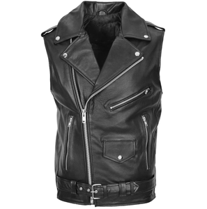 เสื้อกั๊กหนังแท้สีดำสำหรับผู้ชายสไตล์คลาสสิก ทำมือ งานหนังแท้ เสื้อกั๊กไบค์เกอร์ ตัดเย็บพอดีตัว เสื้อกั๊กขี่มอเตอร์ไซค์ - Product Image 1