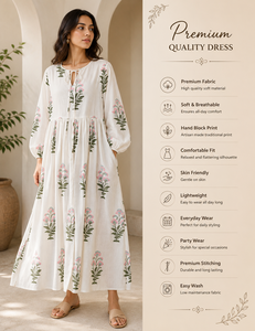 Bohemian Hand Block Printed Cotton Maxi <b>Dress</b> Women <b>Long</b> Puff Sleeve Tie Neck Floral Casual Summer <b>Beach</b> <b>Dresses</b> Wholesale - Product Image 2