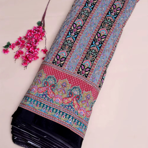 Tissu imprimé à rayures florales noires avec bordure décorative pour la confection de robes Kurti, tissu pour vêtements ethniques. - Product Image 1