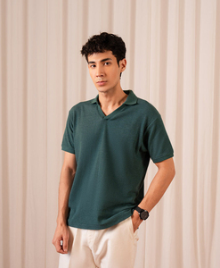 Polo de Algodón Verde para Hombre, Manga Corta, Corte Regular, Cuello en V, Color Sólido Informal, Tejido de Punto Transpirable - Product Image 2