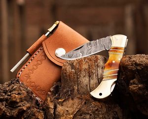Couteau de poche pliant à lame droite en acier Damas de qualité industrielle, avec manche en os de chameau et laiton – Indispensable pour les activités de plein air - Product Image 5