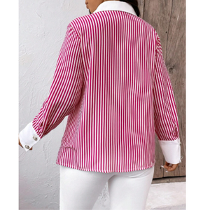 Camisa de Popelina de Alta Costura para Mujer, Formal, a Rayas, de Manga Larga, con Hombros Caídos, Cuello y Puños en Contraste, Botones Frontales y Bolsillo con Solapa en el Pecho - Product Image 2