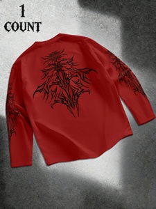 Camiseta Gótica Roja de Manga Larga para Hombre, Cuello Redondo, Algodón Jersey, Diseño Estampado, Corte Regular - Product Image 2
