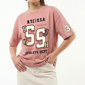 Oversized Shoulder drop Crew Neck T-Shirt Pink Solid Color Short Sleeve <b>Plus</b> <b>Size</b> Women's Casual <b>Top</b> Letter Decoration - Product Image 2