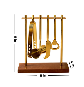 Juego de herramientas de barra de latón dorado brillante, juego de café y vino, artesanía hecha a mano para decoración de mostrador de hotel de lujo, artículo con soporte de madera - Product Image 1