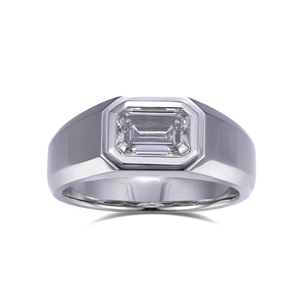 Bague signet unisexe en platine avec diamant synthétique de laboratoire taille émeraude, certifié IGI, couleur D, plaqué or 18 carats, gravure gratuite, luxe - Product Image 1