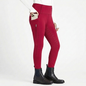Pantalones de equitación de punto de cintura alta para mujer con bolsillos y cremallera, de longitud completa, color liso, transpirables y que absorben el sudor - Product Image 3