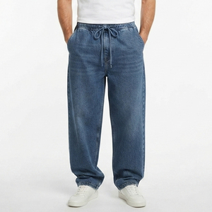 <b>Men's</b> Stonewashed Straight Leg <b>Jeans</b> <b>Mens</b> High Waist Outerwear Wide Legs Denim Pants <b>Men</b> <b>Drawstring</b> Waist Denim Trouser - Product Image 1