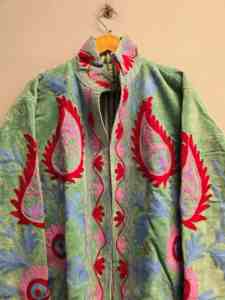 Mint Green Velvet Suzani Jacket <b>for</b> <b>Women</b> Handmade Floral Paisley Embroidery Boho Ethnic Winter <b>Coat</b> Wholesale Designer - Product Image 4