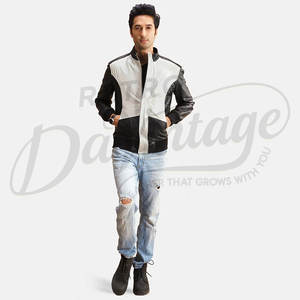 Veste de course en cuir véritable blanc et noir pour homme, design contrasté avec panneau en V, style moto, col montant, manteau haut de gamme - Product Image 2