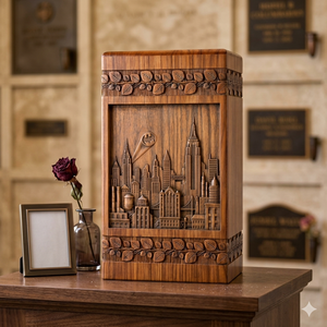Handcrafted Wooden Urn Carved Cityscape Design Natural Wood Finish Commemoration <b>Keepsake</b> <b>Box</b> Adult Funeral Supply - Product Image 5