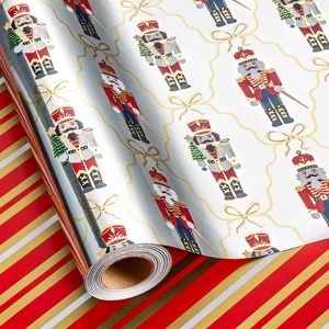 Rollo de Papel de Regalo Navideño Plateado Metálico con Diseño de Lazos de Cascanueces y Rayas, Papel de Regalo Reversible para la Temporada Festiva - Product Image 2