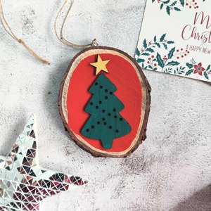 Wooden <b>Christmas</b> Tree Ornament <b>Red</b> Background <b>Green</b> Tree With Gold Star Handicraft Indoor <b>Decoration</b> Traditional Style - Product Image 1