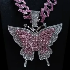 S925 Butterfly Pendant <b>Necklace</b> Purple Cuban Chain Moissanite Choker <b>Statement</b> Jewelry Gold Plated Hip Hop Unisex - Product Image 4
