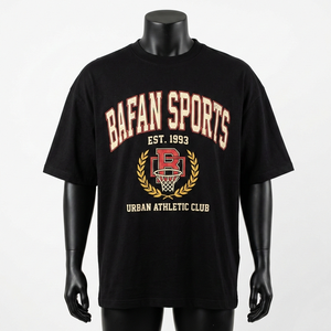 T-shirt homme ample et surdimensionné, jersey de coton lourd 200 GSM, noir, crème, rouge, impression graphique sportive, logo personnalisé - Product Image 1