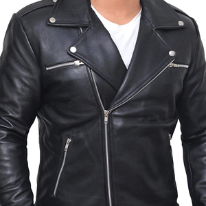 Chaqueta de Motociclista de Cuero Genuino para Hombre, Cuello Camisero, Cierre de Cremallera, Cinturón, Corte Ajustado, Color Negro Sólido, para Otoño e Invierno - Product Image 2