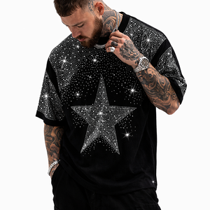 Camiseta de Fútbol Americano con Diseño de Estrella de Diamantes de Imitación de Calidad Premium, Estilo Urbano Oversize, Algodón, con Cristales, Moda OEM USA - Product Image 5