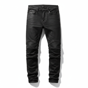 Jean moto noir pour homme, coupe droite, taille mi-haute, en denim de coton délavé avec rivets, fermeture boutonnée, style automne - Product Image 6