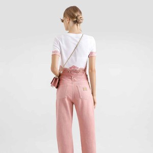 Crop top blanc pour femme avec bordure en dentelle rose, manches courtes, col rond, t-shirt en tricot, style mignon printemps été - Product Image 2