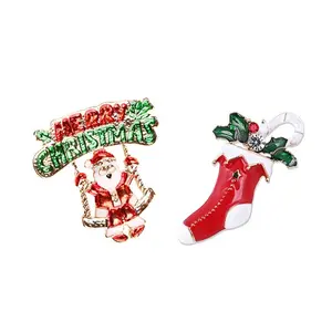 Wholesale Alloy Enamel Xmas Santa Claus Boots Christmas Brooch Pin for Holiday Party Women Girls Kids Gifts