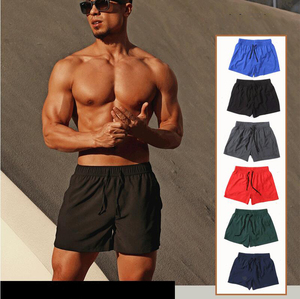 Short de bain pour homme bleu à séchage rapide, taille élastique, avec poches, en polyester tricoté, couleur unie, longueur mi-cuisse, cordon de serrage - Product Image 3