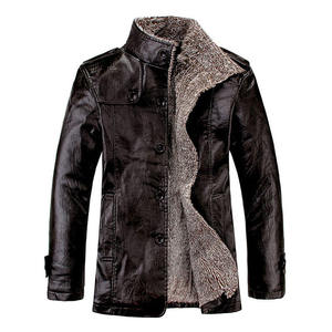 Chaqueta de Cuero PU para Hombre, Cuello Alto, Forro de Piel Sintética, Resistente al Viento, Estilo Motero, Invierno, Gruesa, Largo Regular, Color Sólido - Product Image 1