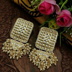 Boucles d'oreilles pendantes plaquées or avec perles Kundan, pompons, breloques ethniques mignonnes, imitation perle, cristal et strass, tendance, pour mariage, pour femme - Product Image 2