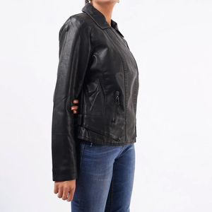 Chaqueta de Motociclista de Cuero PU para Mujer, Manga Larga, Cierre de Cremallera, Color Sólido, Cuello Camisero, Estilo Otoñal - Product Image 3